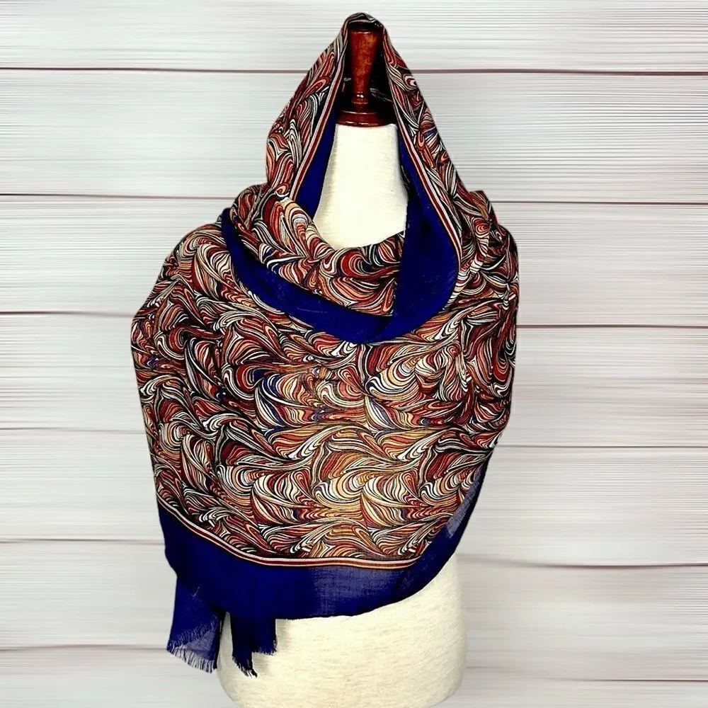 Silk Wool Large Oblong Scarf Shawl Lightweight Wrap Blue Paisley Italy